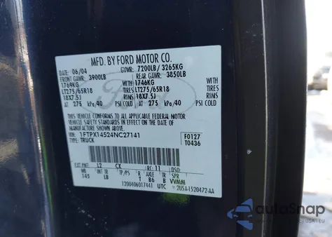 2004 Ford F-150 Fx4/Lariat/Xl/Xlt z USA, uszkodzony, nr VIN 1FTPX14524NC27141